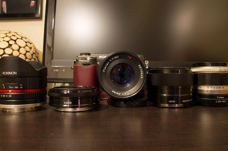 Rokinon 8mm/2.8 fisheye, Sony 20mm/2.8, Sony 35mm/1.8 OSS, Canon 50mm/1.4 LTM, Contax Zeiss 50mm/1.7 Planar  